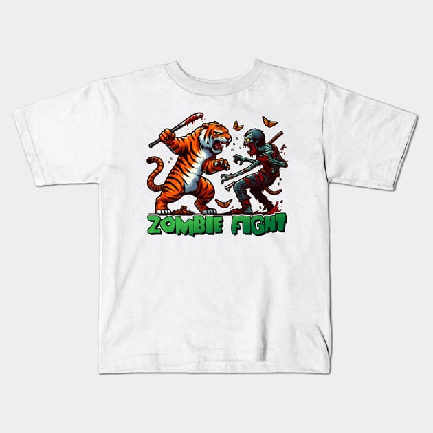 Tiger vs Zombie Fight Kids T-Shirt by Rawlifegraphic